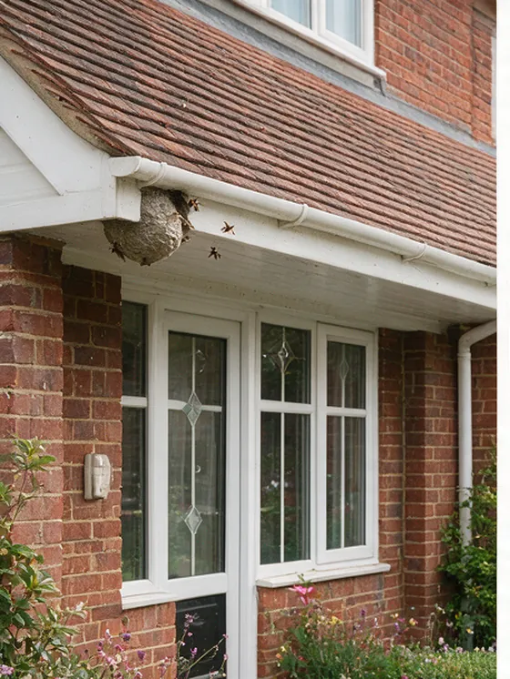 Active wasp nest under the eaves of a house before treatment