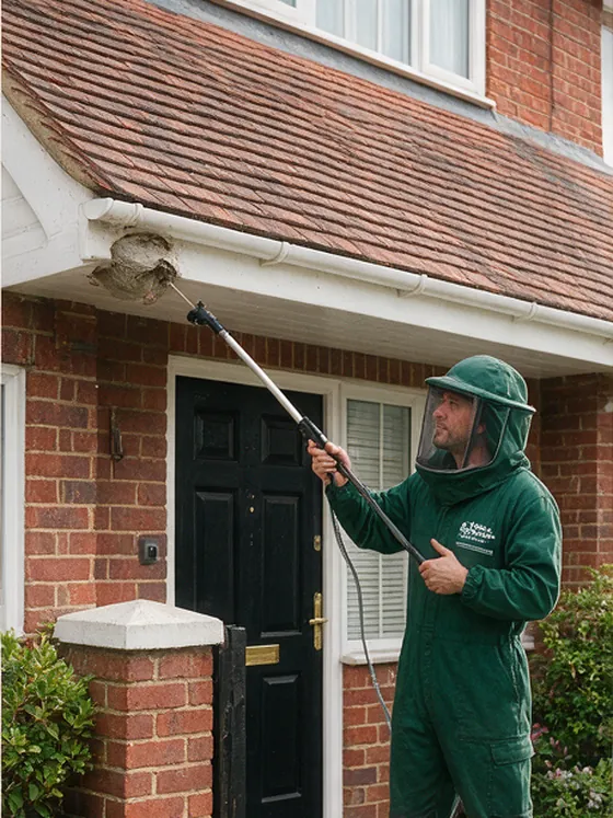 Technician in a protective suit treating the wasp nest with a lance