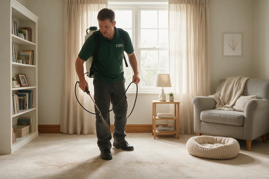 Technician treating a living-room carpet for fleas
